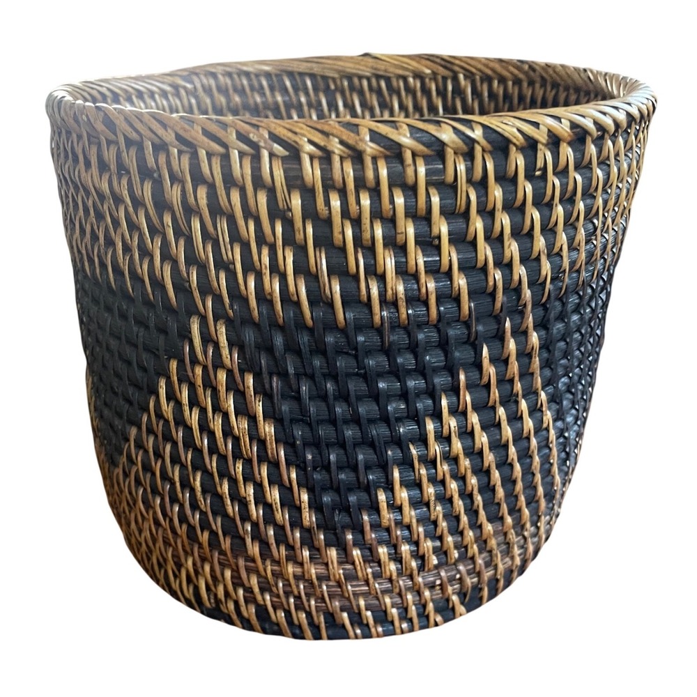 Handwoven Rattan Basket Two Tone Black Natural Geometric Boho Decor Indonesia